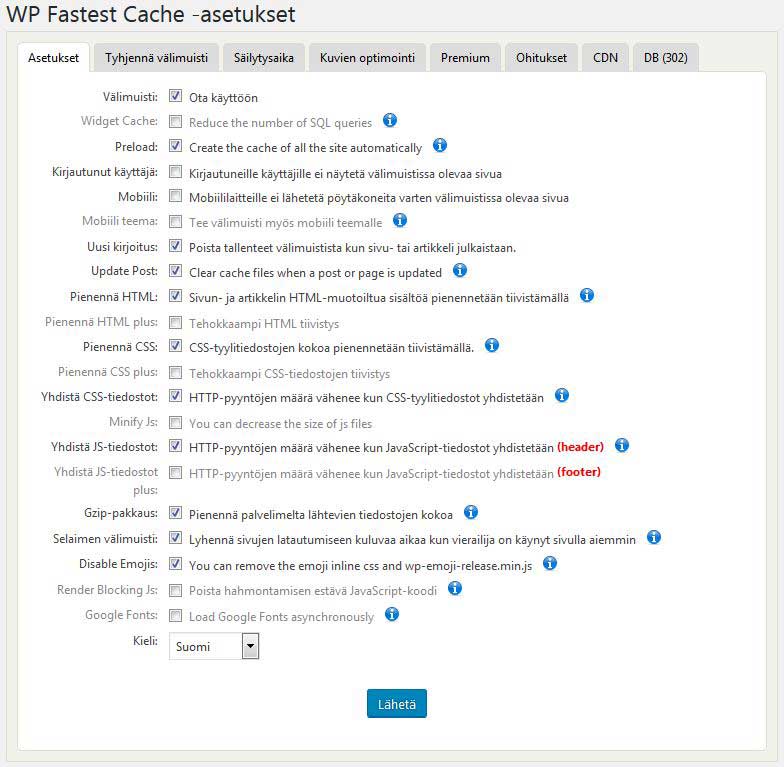 WP Fastest Cache -asetukset